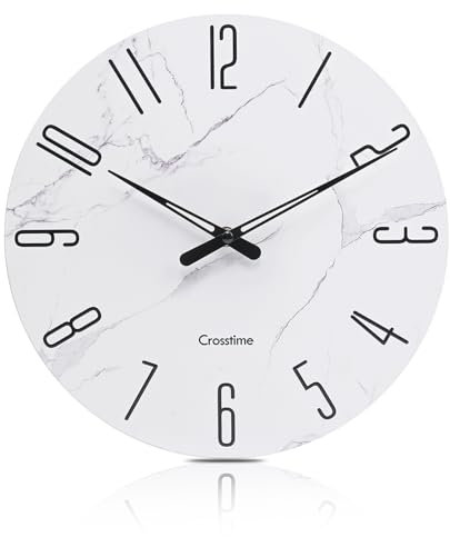 Crosstime 30cm Waterproof Glass Wall Clock- White Marble Theme Modern Farmhouse Decor for Bathroom Kitchen Living Room