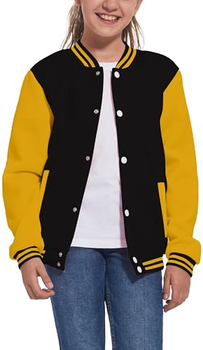 Mowbeat Baseballjacke für Kinder, Mädchen, Bomberjacken, Jungen, Varsity-Mantel, Oberteil für Mädchen, Sport-Track-Oberbekleidung, Schwarz / Gelb, 10 Jahre