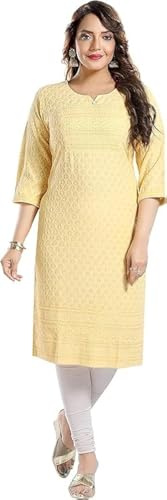QUEEN SHIELD Dam knälång Rayon Chikan-Kari Kurta för kvinnor, indiska klänningar för kvinnor, broderiarbete Kurta, redo att bära tunika topp för damer, gUL, XXL
