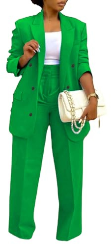 LROSEY 2 Piece Outfits for Women Dressy Double Breasted Blazer Jackets High Waisted Wide Leg Pants Suits Set Casual Business Green