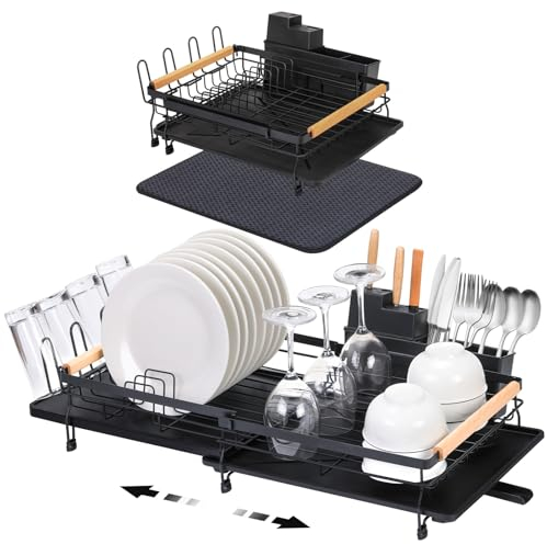 MY LIKE Expandable Dish Drainer Rack with Drip Tray Black Draining Board Rack with Stainless Steel Material Dish Drying Rack & Washing Up Drainers for Kitchen Sink with Wooden Handle in Large Capacity