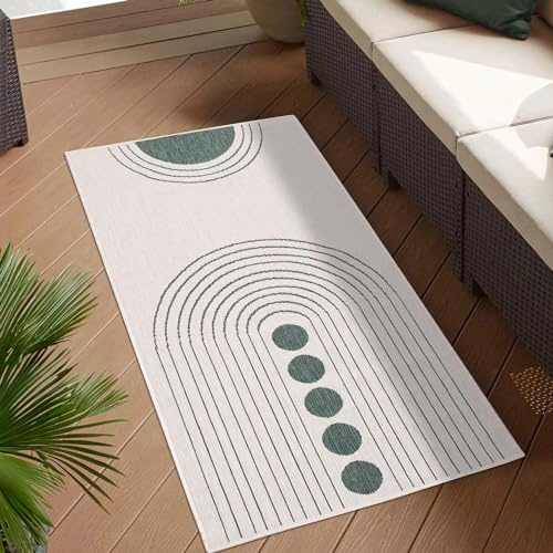 carpet city Outdoor Teppich Wetterfest 80x150 cm - Creme-Grün - Wendeteppich, Beidseitiges Kreisförmiges Muster - Balkonteppich Wasserfest Outdoor - Terrassenteppich