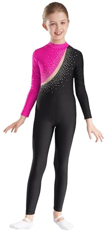 Agoky Tuta da Pattinaggio Artistico per Bambina Ragazza Tuta da Ginnastica Artistica Tuta Intera con Strass Tuta da Balletto Ballerina Tuta da Prestazioni Yoga Jogging Rosa Caldo 11-12 Anni