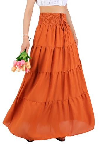 MYSSUCI Jupe Longue Femme de Taille Haute Elastique Maxi Jupe Ete A-Ligne 2 en 1 Jupe Boheme pour Décontractée Vacances L'été et la Plage(Orange,L)