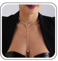 Xmsrn Vintage Long Chain Drop Y Necklace Long Ball Chain Necklace Boho Circle Toggle Y Lariat Necklace Gold Punk Curb Chian Choker Necklace Jewelry for Women and Girls