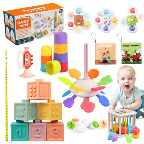 Baby Spielzeug 6 Monate, 8 in 1 Montessori Spielzeug ab 1 Jahr, Montessori Babyspielzeug, Stapelspielzeug, Passende Eier, Saugnapf Kreiselspielzeug, Geschenk Junge Mädchen 6 9 12 Monate 1 2 3 Jahre