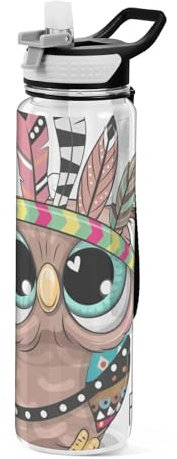 Mnsruu Transparente Sport-Wasserflasche mit Strohhalm, auslaufsichere Trinkflasche, niedliche Cartoon-Eule mit Federn, Fahrradflaschen für Sport, Büro, Schule, BPA-freier Tritan-Kunststoff, 1 Liter