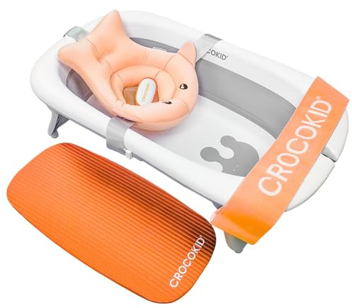 CROCOKID® Großes Faltbares Baby-Badewannenset + 4 Unverzichtbare Zubehörteile – Tragbare XXL-Badewanne 0–5 Jahre | Kompakt, Reisetauglich & Robust mit Verstärkter Doppelschale – Orange