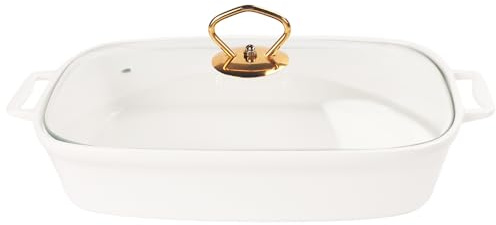 jinsongdafa Porcelain Rectangle Casserole Baking Dish with Glass Lid, 1500 ML Serving Soup Tureen, Chafing Dish for Buffet, food preserve Tray, Catering Casserole for Party Style