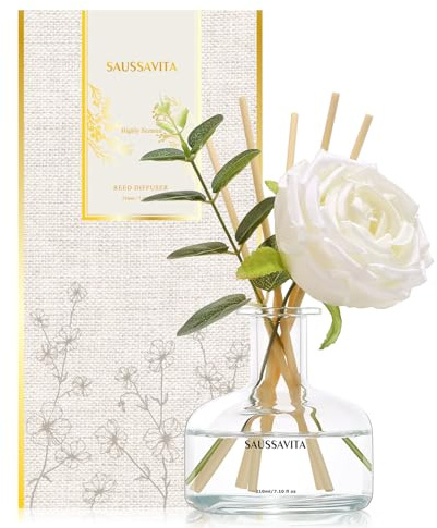 Saussavita Reed Diffusers Set, 210 ml White Flower Scented Diffuser with 7 Sticks, Home Fragrance Lasts up to 120 Days for Bathroom Bedroom Living Room Decor, Air Fresheners