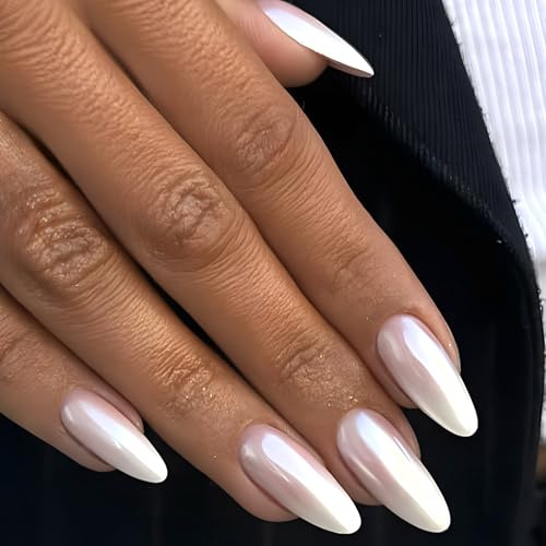 24Pcs Künstliche Nägel Mandel Mittel, Silber Aurora Französisch Falsche Nägel, Glänzende Fingernägel zum Aufkleben, Stiletto Natürlich Fake Nails Kunstnägel für Frauen Mädchen Party & Heimat DIY