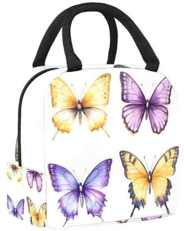 JAVENPROEQT Aesthetic Art - Lonchera térmica con diseño de mariposas amarillas y moradas para mujeres y niñas, bolsa de almuerzo reutilizable para escuela, oficina, al aire libre