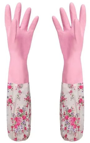 ZYFHYU Flower Rubber Velvet Long Gloves Household Antiskid Washing Cleaning Dish for Laundry(Pink,Velvet style)