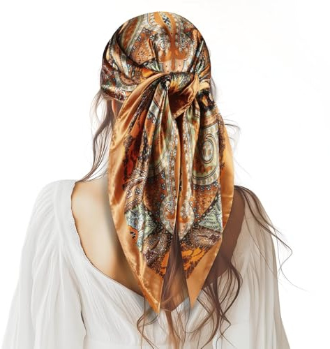 Faux Blume Bandana, Kopftücher für Damen, 90x90cm Kopftuch Damen Sommer, quadratisches satin-kopftuch, Glatter Seidenschal, Elegantes Halstücher, Headwear Geschenk für Frauen (Braun)