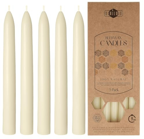 Danilovo Lot de 5 Bougies en Cire d'Abeille Naturelle - Bougies en Pure Cire d'Abeille - Coniques, Durables et à Combustion Longue pour tout Bougeoir - Parfum Miel, Blanc