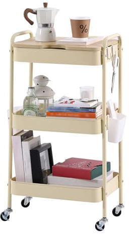 YOTATING Rollwagen mit 3 Ebenen, Aufbewahrungswagen, Küchenregal mit Rollen, Allzweckwagen, Servierwagen mit 4 Haken, 3 Organizer, Abnehmbarem Holztablett für Küche Bad Wohnzimmer Schlafzimmer, Gelb