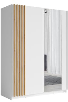 Vente-unique - Armoire 2 Portes coulissantes - avec Miroir - L150 cm - Blanc et Naturel - CALELA