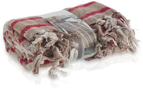 Meisterhome® Luxus Fleece Decke – Kariertes Plaid Beige/Rot – 130x160 cm – Weiche Kuscheldecke – Warme Wohndecke im Retro Vintage Design – Sofadecke & Wohnplaid für Wohnzimmer
