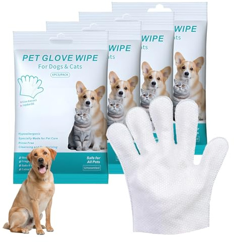 HEUIOP 24 PCS Pet Glove Wipes for Dog and Cat, Disposable Wash Free Thickened Gentle Washing Gloves, Easy Use on Fur Face, Body, Ear, Eye, Paws and Bum for Daily Care ＆ Traveling