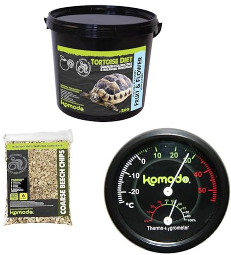 Komodo Tortoise Diet Fruit & Flower 2kg + Beech Chips 6L + Analog Thermometer & Hygrometer | Natural Food, Substrate & Habitat Monitoring Tool for Reptiles