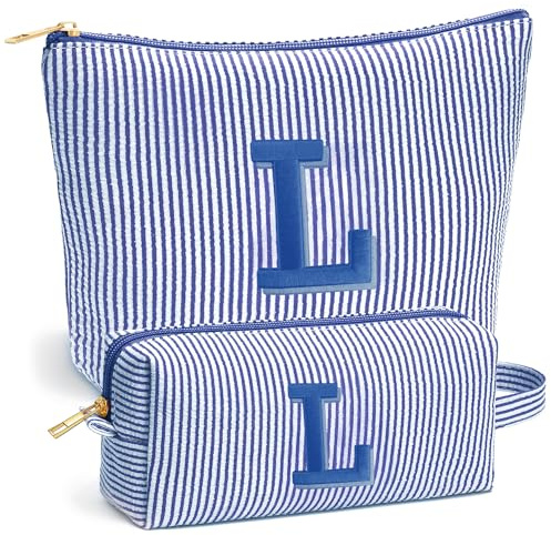Fohufo Travel Toiletry and Makeup Bag - Travel Essentials for Women, Blue Initial Makeup Bags for Hair Ties, Clips, Brushes, Sponges, Lipsticks, Blush, Eyelash Curler, Easy to Carry, Blue Letter L