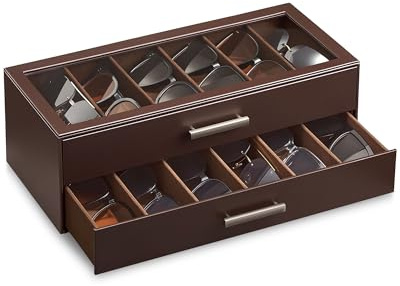 ProCase 12 Slots Sunglasses Organizer, 2-Layer Eyeglass Holder with Clear Glass Lid, PU Leather Glasses Storage Display Case for Men Women -Espresso