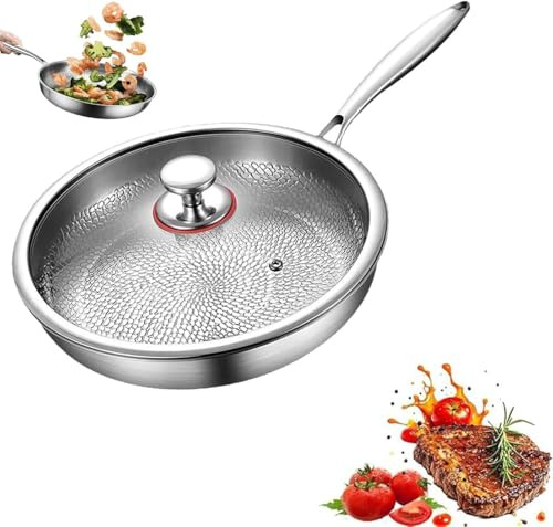 Titan Bratpfanne, Titanium Pfanne Unbeschichtet, Titanium Hammered Pan Pro mit Deckel, Antihaft Titanpfanne 26/28/30/32 cm for Cooking, Multifunctional Pots and Pans Set Mit Deckel,28cm