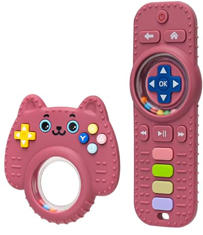CLDY 2 Stück Baby Fernbedienung Beißspielzeug & Beißring Set, ab 3 Monate | 100% Silikon BPA-frei, kinder fernbedienung - Zahnungshilfe mit Rassel für Kleinkinder, Jungen und Mädchen (Rot)