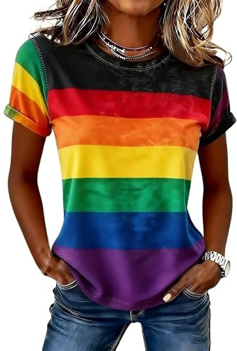 Dam regnbåge t-shirt avslappnad färgglad randig t-shirt HBTQ gay pride månad t-shirt kläder set, färgrik, L