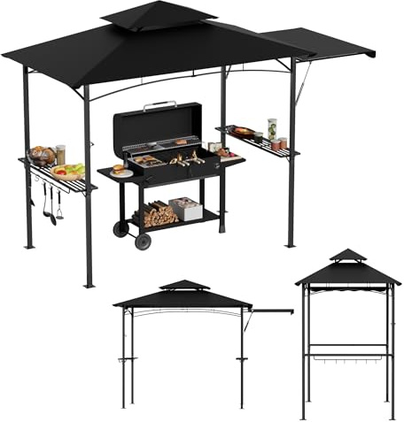 TATIVALO Grillpaviljong svart BBQ paviljong med dubbelt tak 245 x 141 x 253 cm, sidohylla, krok, väderbeständig grillbaldakin, trädgårdspaviljong med rökutsugning, för trädgårdsfester och grillar