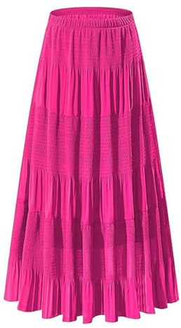 Elastisk Hög Midja Plisserad Midikjol I Chiffong for Kvinnor Casual A-linje Flowy Partykjol(Rose Red,M)