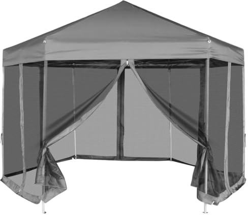 sephironlbb Chapiteau Hexagonal Gris 3,6x3,1 m avec 6 parois latérales en Maille pour extérieur Jardin terrasse Protection Pluie Soleil