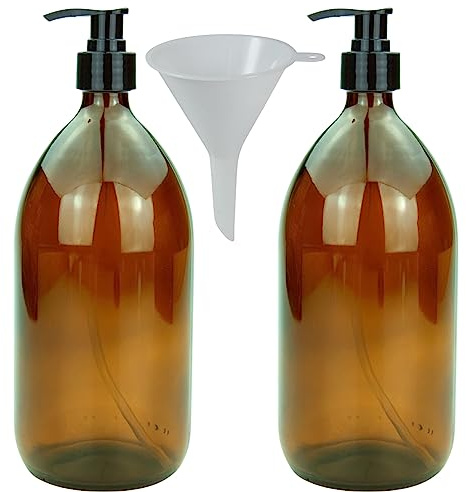 mikken 2 Seifenspender 1000 ml Lotionspender aus Braunglas, lebensmittelecht inkl. Trichter