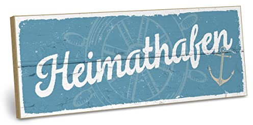 ARTFAVES® Wandbild Holzschild mit Spruch - Heimathafen - Türschild Retro Vintage Deko Bild Geschenk - Zuhause, Nordsee, Meer, Strandhaus, maritim