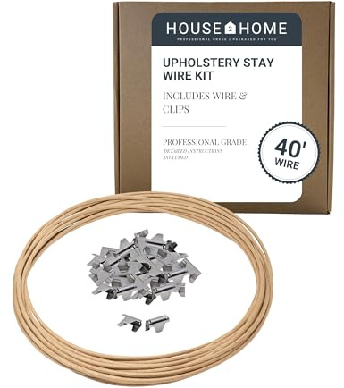 House2Home Upholstery Stay Wire for Sofa Furniture Springs, 40ft with 80 Clips, 16 Gauge Paper Wrapped Wire, Includes Instructions