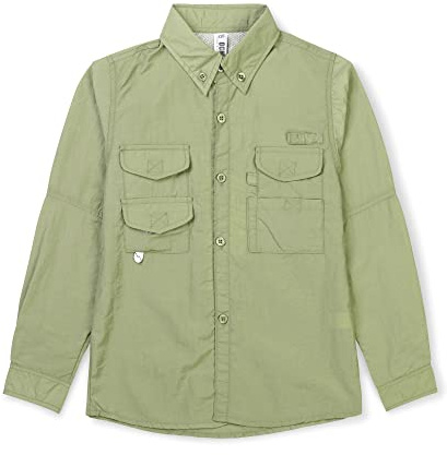 Aeslech Camisa de manga larga con botones para niños, secado rápido, protección solar UV para exteriores, pesca, senderismo, safari, caqui, 13 Años
