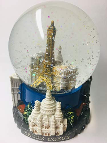 VIANAYA Boule de Neige Paris Tour Eiffel - Base résine avec Monuments en 3D et Globe en Verre avec Paillettes Scintillantes -Couleur Bleue - Taille Moyenne (Hauteur 11CM)