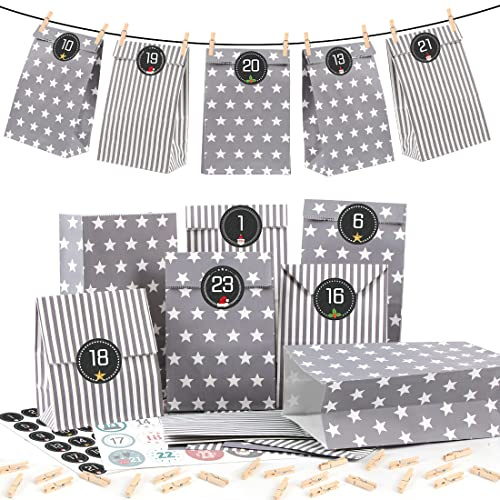 Adventskalender zum Befüllen Grau,25 Adventskalender Papiertüten mit Zahlenaufklebern,DIY Weihnachtskalender zum Befüllen, Geschenktüten Weihnachts,Adventskalender Selber Basteln für Weihnachtszeit