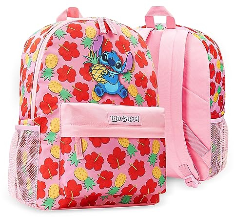 Disney Stitch Zaino Bambini Stitch Zainetto Scuola Elementar Zaino Scuola, Zaini Per Scuola Sport Viaggi (Rosa/Rosso)