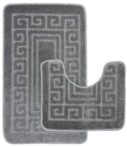 Greek Bath Mat 2 Pcs Set Non-Slip Bath Rug Toilet Mat Washable Bathroom Mats Rugs Absorbent Soft Rug for Bathtub Bathroom Includes 1 Bath Mat (50 X 80cm) And 1 Pedestal Mat (50 X 40cm) (GREY)