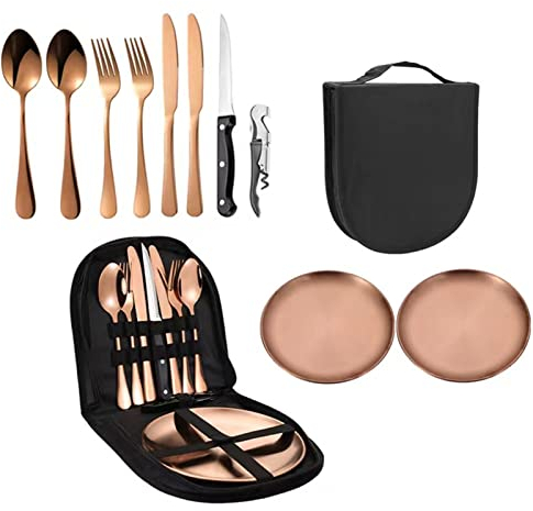 Camping Besteck Set, Camping Cutlery Set, 2 Personen Campinggeschirr Edelstahl Reisebesteck mit Gabeln Löffel Messer Flaschenöffner Teller für Outdoor Geschirrset Reisen Wandern (Roségold)