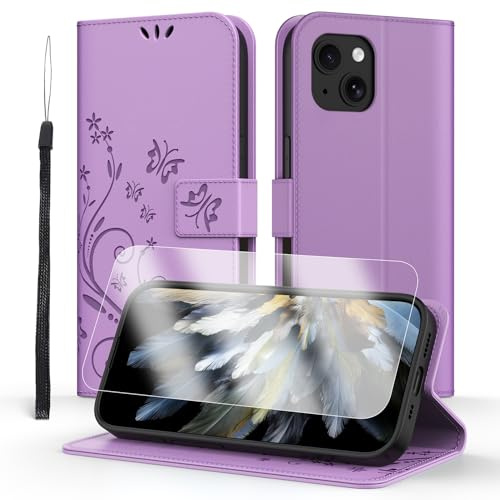 Anshow for iPhone 13 Case Wallet with Wrist Strap, with Screen Protector, Flip Leather Case with Cards Holder Phone Case with Kickstand Cover for iPhone 13, Purple