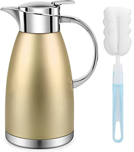 Jarra de café de 68 onzas con aislamiento térmico de acero inoxidable para café, agua caliente, té, bebidas calientes, mantiene 12 horas calientes, 24 horas frías (dorado)