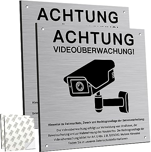 2 Stück Achtung Videoüberwachung Schild Privatgrundstück mit DSGVO Hinweis, 15x15cm Aluminium Schilder Kameraüberwachung, mit Selbstklebend und 2 Bohrlöcher, Kamera Überwachung, Warnschild