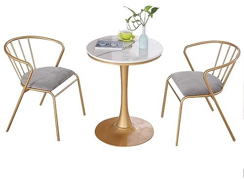 ZzZana Bistro Tisch Set 3 Stück, Marmor Außenbereich Patio Tisch und Stühle Möbel, Metall Garten-Sitzgarnitur Couchtisch, für Terrasse, Pool oder Hinterhof
