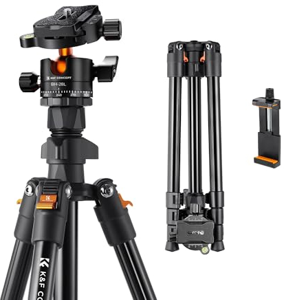 K&F CONCEPT Tripod for Camera and Phone, 64 inch/163cm Aluminum Travel Outdoor Tripod with Metal Ball Head Load Capacity 10kg/22lbs, Phone Holder, for DSLR Cameras K234A0+BH-28L