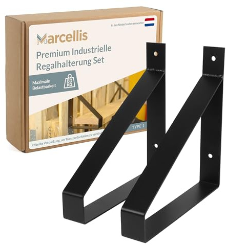 Marcellis Premium Regalhalterung für 25 cm breite Bretter, Matt Schwarz, 2x Industrielle Regalhalterungen (80 kg Tragkraft) - Hochwertige Verarbeitung und Montagematerial - 25x4x25,2 cm (HxWxD)