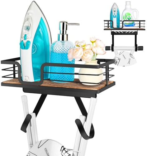 Atealus Bügelbrett-Aufhänger, Wandhalterung, über der Tür, Bügeleisen- und Bügelbretthalter mit Holzsockel, Aufbewahrungsbehälter und verstellbaren Haken, für Waschküchen, Hauswirtschaftsräume und
