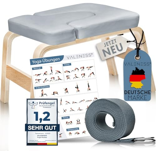 VALENESS® Yoga Kopfstandhocker aus Naturholz mit Yogagurt und Übungsposter | Massives Naturholz, inklusive Yogagurt, Yogablock und Übungsposter – ideal für Kopfstand- und Handstandübungen zu Hause