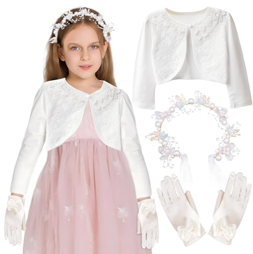 Huahuanghui Kommunionskleid für Mädchen, weißer Bolero + Haarschmuck, Kommunion Mädchen, Handschuhe mit Schleife, Erstkommunion Geschenk für Mädchen, 130 cm (3 Stück), Weiß 130, 90 cm